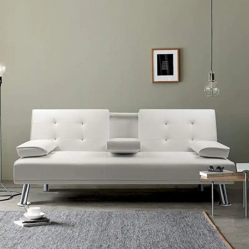 Modern Faux Leather Futon with Cup Holders & Pillows, 65