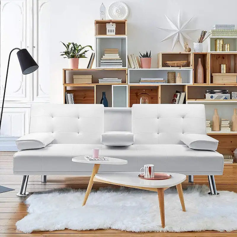 Modern Faux Leather Futon with Cup Holders & Pillows, 65
