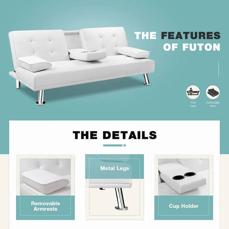 Modern Faux Leather Futon with Cup Holders & Pillows, 65