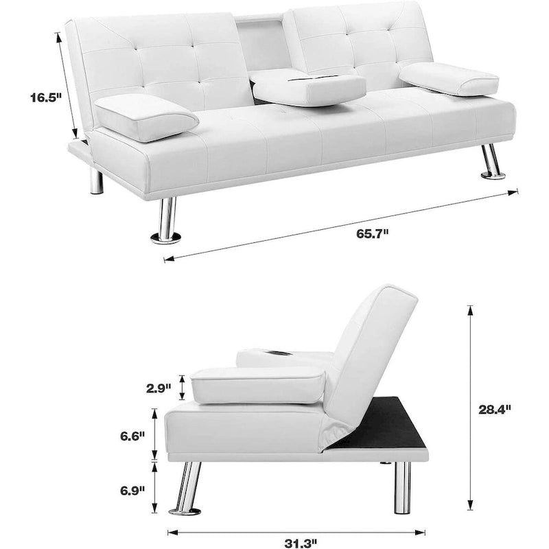 Modern Faux Leather Futon with Cup Holders & Pillows, 65