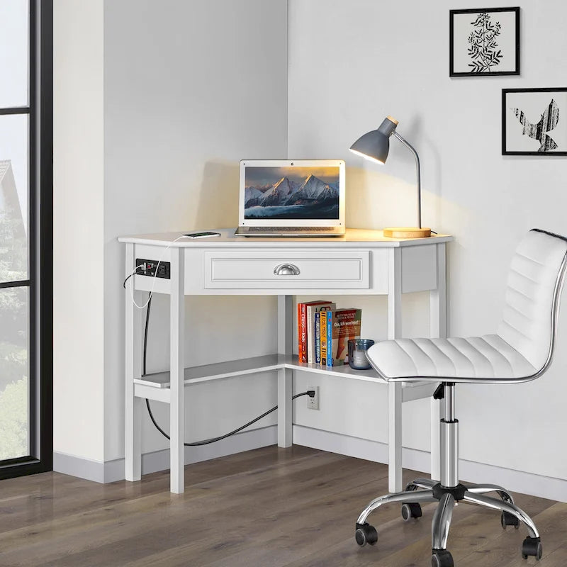 L Shaped Corner Computer Desk with Power Outlets