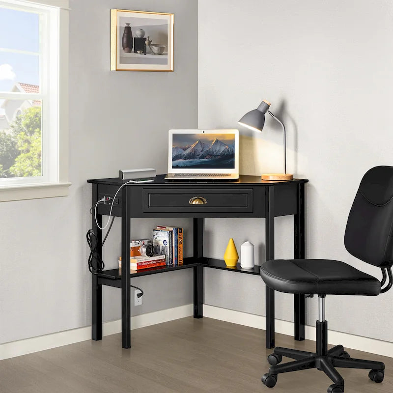 L Shaped Corner Computer Desk with Power Outlets