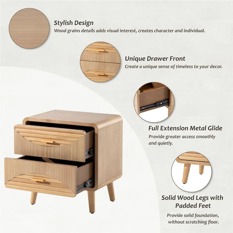 Farmhouse Nightstand, Mid Century Nightstand with Handcrafted, Boho, Rustic Style, Natural Wood