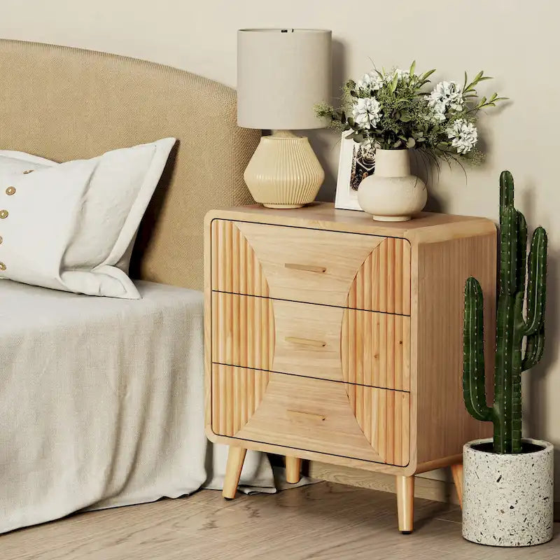 Farmhouse Nightstand, Mid Century Nightstand with Handcrafted, Boho, Rustic Style, Natural Wood