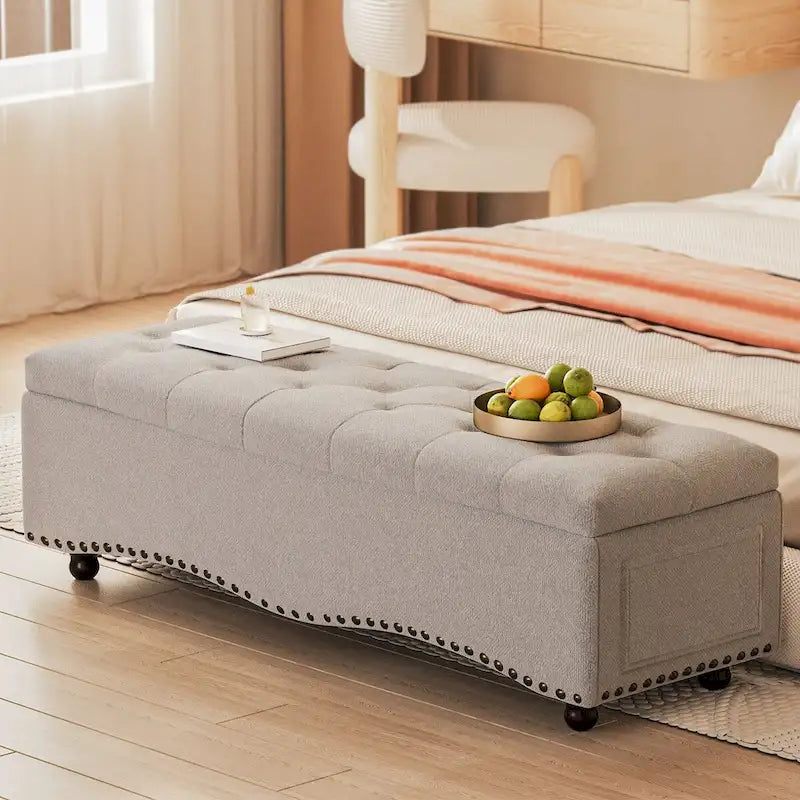 48.5 Tufted Storage Ottoman Bench with Nailhead Trims & 2 Large Side Pockets for Bedroom, Living Room, Entryway
