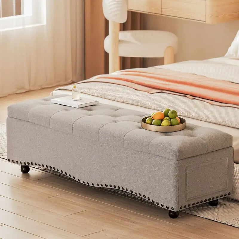 48.5 Tufted Storage Ottoman Bench with Nailhead Trims & 2 Large Side Pockets for Bedroom, Living Room, Entryway