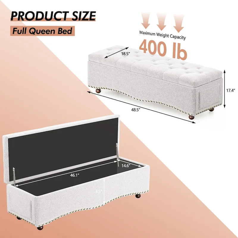 48.5 Tufted Storage Ottoman Bench with Nailhead Trims & 2 Large Side Pockets for Bedroom, Living Room, Entryway