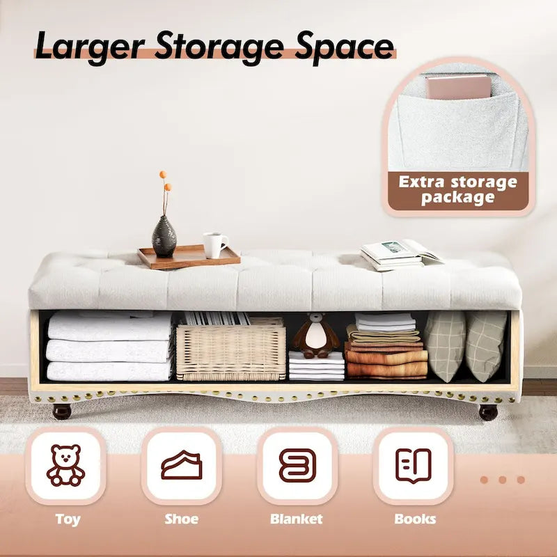 48.5 Tufted Storage Ottoman Bench with Nailhead Trims & 2 Large Side Pockets for Bedroom, Living Room, Entryway