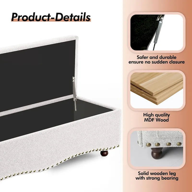 48.5 Tufted Storage Ottoman Bench with Nailhead Trims & 2 Large Side Pockets for Bedroom, Living Room, Entryway