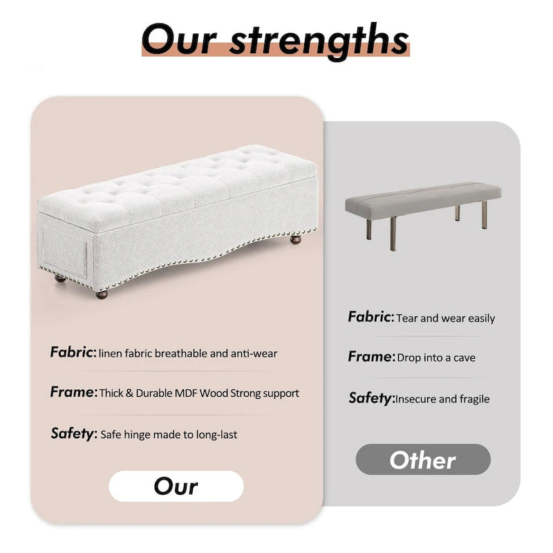 48.5 Tufted Storage Ottoman Bench with Nailhead Trims & 2 Large Side Pockets for Bedroom, Living Room, Entryway