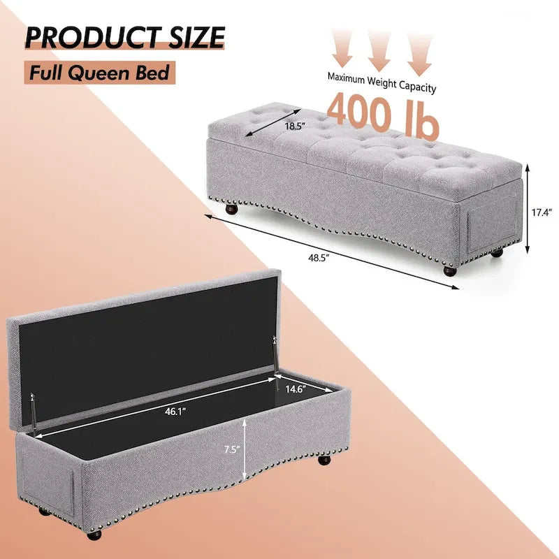 48.5 Tufted Storage Ottoman Bench with Nailhead Trims & 2 Large Side Pockets for Bedroom, Living Room, Entryway
