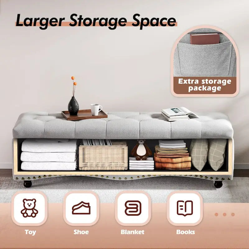 48.5 Tufted Storage Ottoman Bench with Nailhead Trims & 2 Large Side Pockets for Bedroom, Living Room, Entryway
