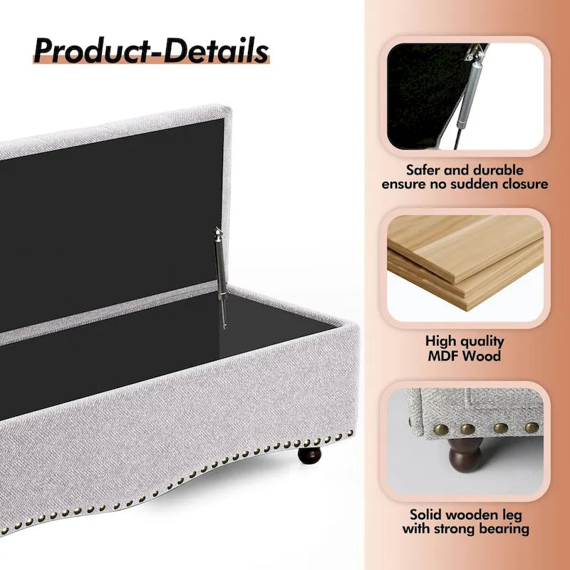 48.5 Tufted Storage Ottoman Bench with Nailhead Trims & 2 Large Side Pockets for Bedroom, Living Room, Entryway