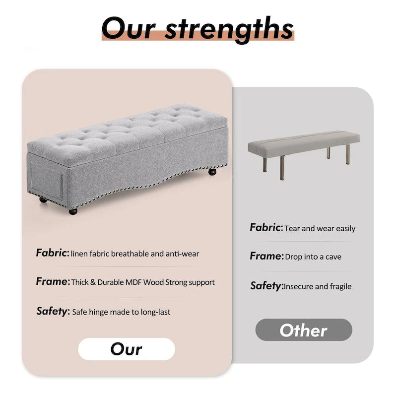 48.5 Tufted Storage Ottoman Bench with Nailhead Trims & 2 Large Side Pockets for Bedroom, Living Room, Entryway