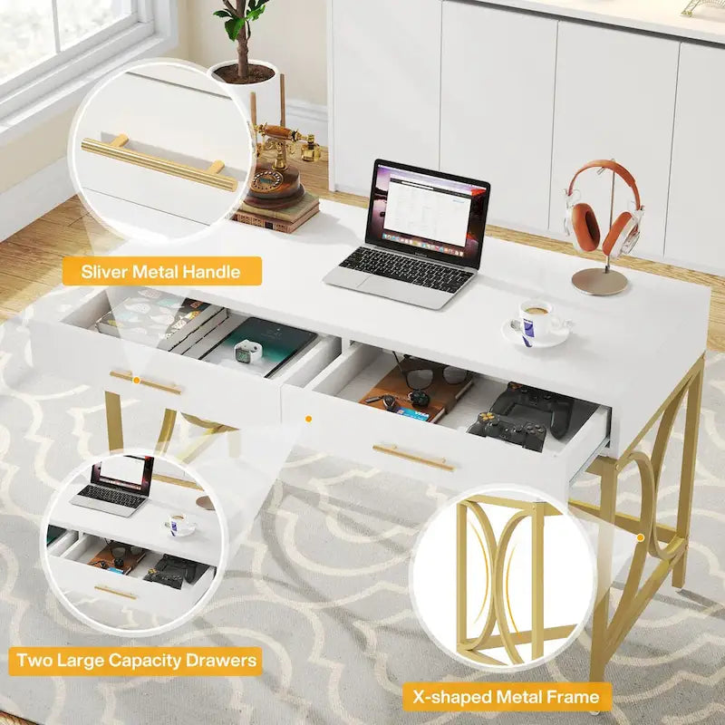 41 Computer Desk with Two Drawers, Modern Study Writing Desk with Storage