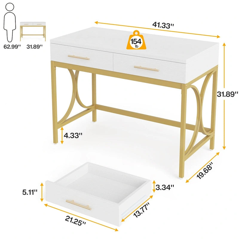 41 Computer Desk with Two Drawers, Modern Study Writing Desk with Storage