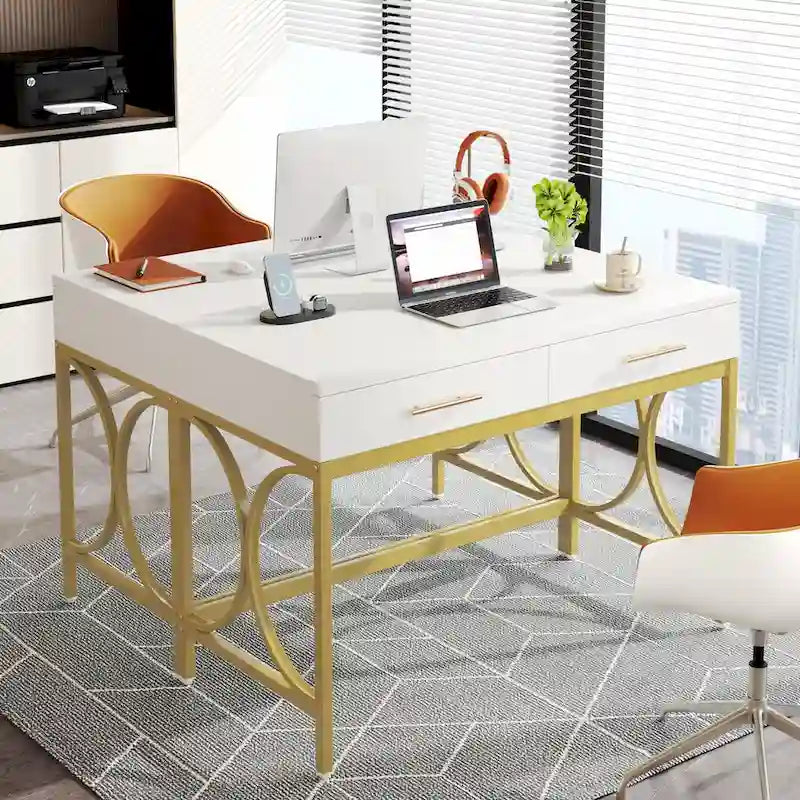 41 Computer Desk with Two Drawers, Modern Study Writing Desk with Storage