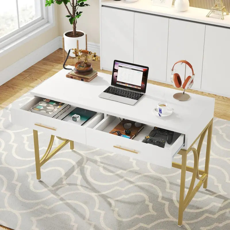 41 Computer Desk with Two Drawers, Modern Study Writing Desk with Storage
