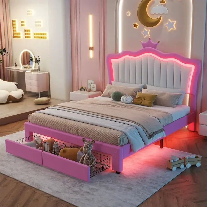 Full Size Upholstered Bed Frame with LED Lights, Modern Upholstered Princess Bed with Crown Headboard, 2 Drawers, Pink+White