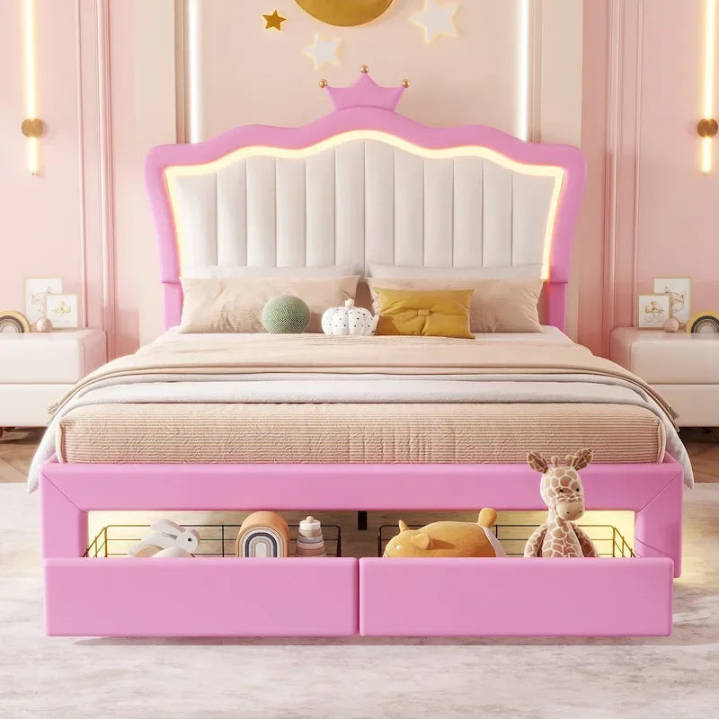 Full Size Upholstered Bed Frame with LED Lights, Modern Upholstered Princess Bed with Crown Headboard, 2 Drawers, Pink+White