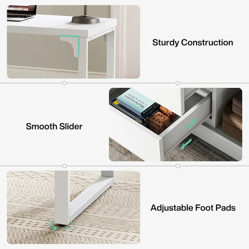 Versatile L-shaped White Computer Desk with Drawers and Shelves